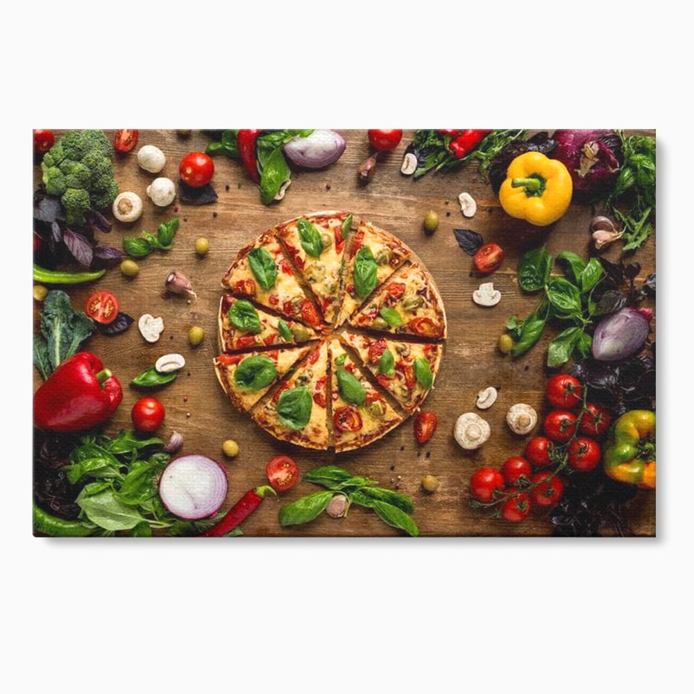 Tablou canvas cu tablou canvas cu pizza si legume, fara rama, pe sasiu de lemn